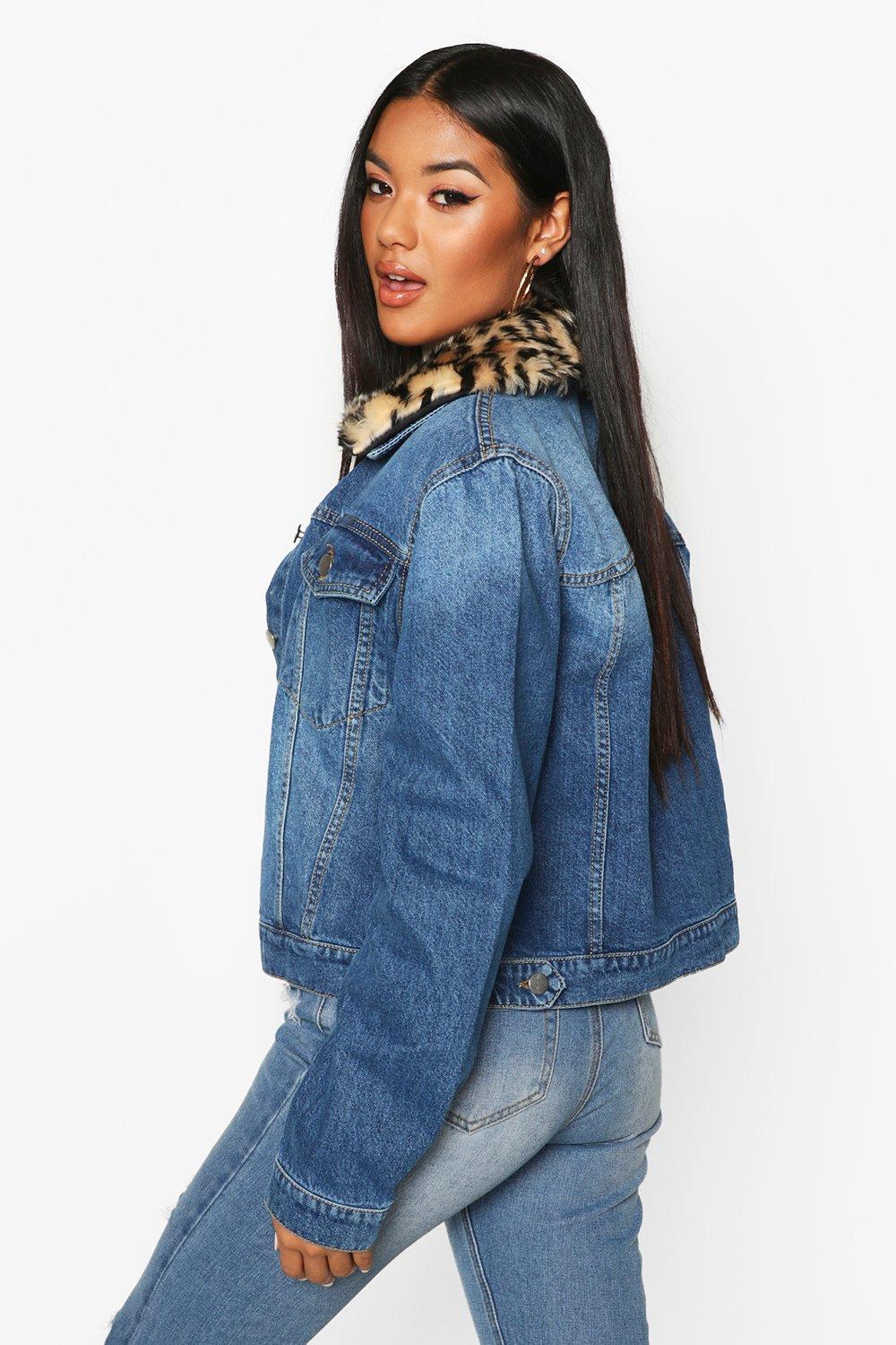 Leopard Faux fur Collar Cropped Denim Jacket